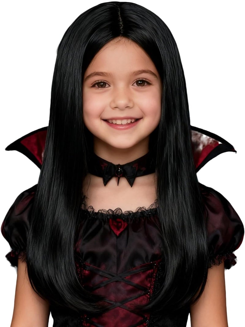 Half and Half Black Straight Middle Part Wig 23.6'' Long Black Witch Vam-pire Cosplay Wigs Gothic Mommy Costume Wigs for Halloween Party - Image 1